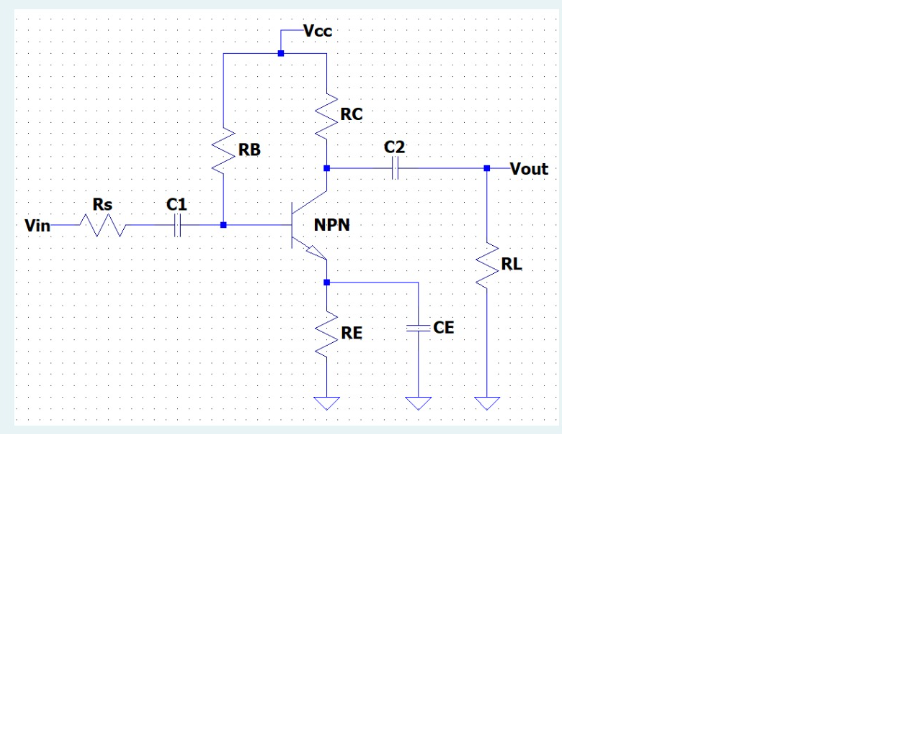 Vin
Rs
C1
RB
-Vcc
RC
NPN
RE
C2
CE
-Vout
RL