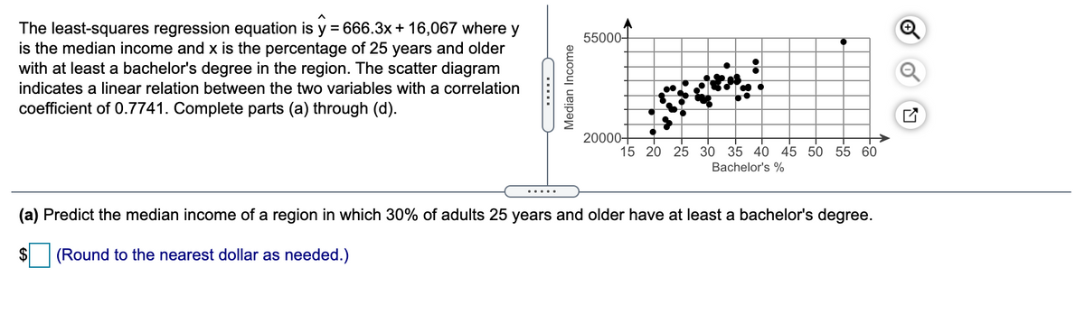The least-squares regression equation is y = 666.3x+ 16,067 where y
is the median income and x is the percentage of 25 years and older
with at least a bachelor's degree in the region. The scatter diagram
55000+
indicates a linear relation between the two variables with a correlation
coefficient of 0.7741. Complete parts (a) through (d).
20000+
15 20 25 30 35 40 45 50 55 60
Bachelor's %
.....
(a) Predict the median income of a region in which 30% of adults 25 years and older have at least a bachelor's degree.
(Round to the nearest dollar as needed.)
.....
Median Income
