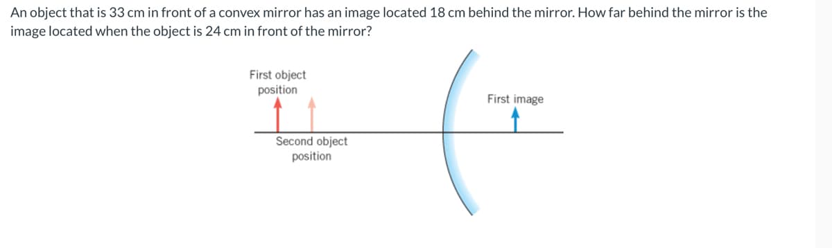 An object that is 33 cm in front of a convex mirror has an image located 18 cm behind the mirror. How far behind the mirror is the
image located when the object is 24 cm in front of the mirror?
First object
position
First image
Second object
position

