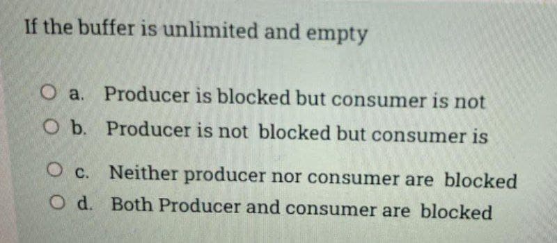 If the buffer is unlimited and empty
O a. Producer is blocked but consumer is not
O b. Producer is not blocked but consumer is
O c. Neither producer nor consumer are blocked
О с.
O d. Both Producer and consumer are blocked
