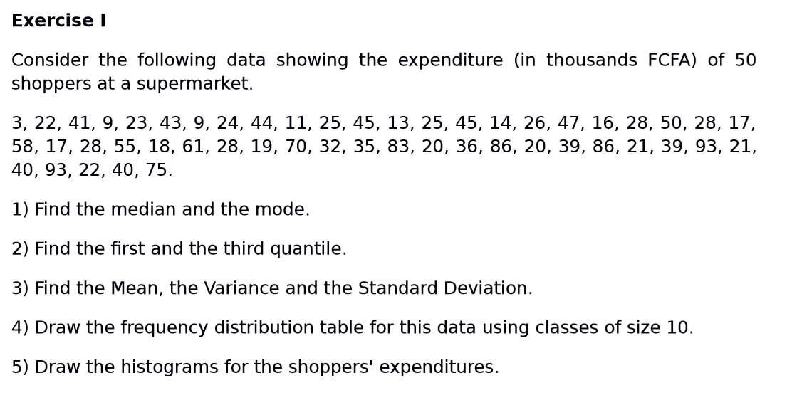 Consider the following data showing the expenditure (in thousands FCFA) of 50
shoppers at a supermarket.
3, 22, 41, 9, 23, 43, 9, 24, 44, 11, 25, 45, 13, 25, 45, 14, 26, 47, 16, 28, 50, 28, 17,
58, 17, 28, 55, 18, 61, 28, 19, 70, 32, 35, 83, 20, 36, 86, 20, 39, 86, 21, 39, 93, 21,
40, 93, 22, 40, 75.
1) Find the median and the mode.
