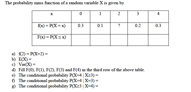 The probability mass function of a random variable X is given by
1
X
f(x) = P(X=x)
F(x) = P(X ≤ x)
0
0.3
0.1
2
?
3
0.2
a) f(2)=P(X=2) =
b) E(X)=
c) Var(X) =
d) Fill F(0), F(1), F(2), F(3) and F(4) in the third row of the above table.
e) The conditional probability P(X=4 | X23) =
f) The conditional probability P(X=4 | X=3) =
g) The conditional probability P(X>3 | X=4) =
0.3