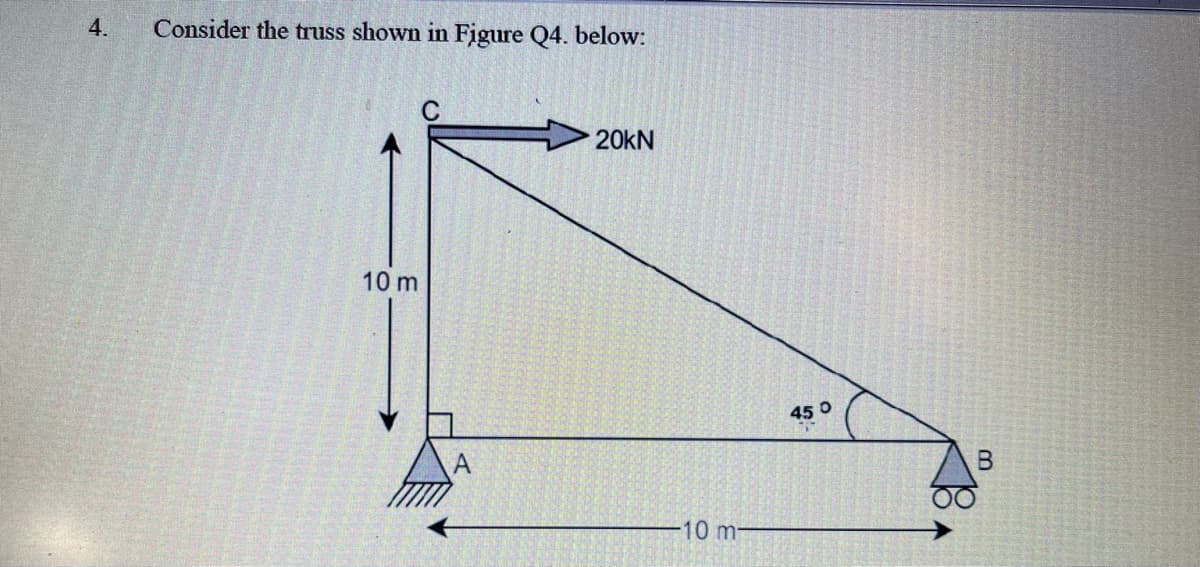 4.
Consider the truss shown in Figure Q4. below:
C
20kN
10 m
45 0
10m-
