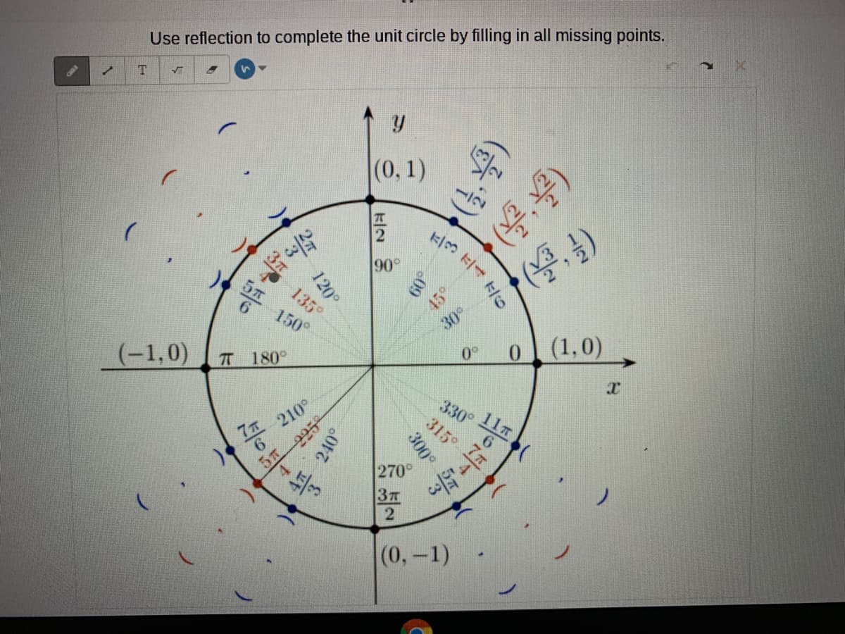 Use reflection to complete the unit circle by filling in all missing points.
(0,1)
事吧
90
E/3
(停)
135°
60
150°
30°
0(1,0)
0°
(-1,0)
T 180°
330°
315°
210°
270
(0,-1)
(台)
120°
225
240°
300°

