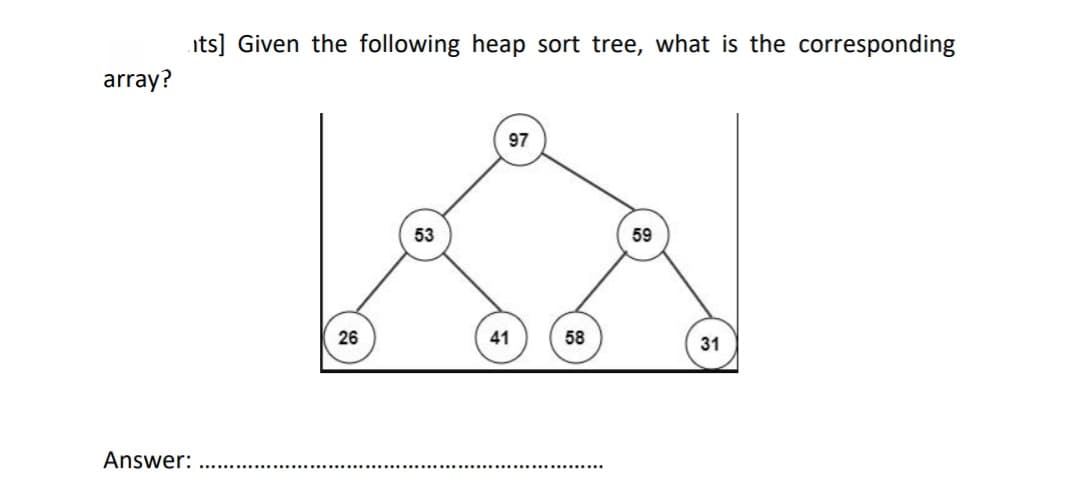 its] Given the following heap sort tree, what is the corresponding
array?
97
53
59
26
41
58
31
Answer:
