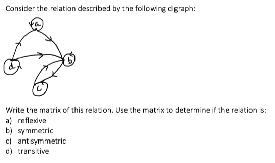 Consider the relation described by the following digraph:
Write the matrix of this relation. Use the matrix to determine if the relation is:
a) reflexive
b) symmetric
c) antisymmetric
d) transitive
