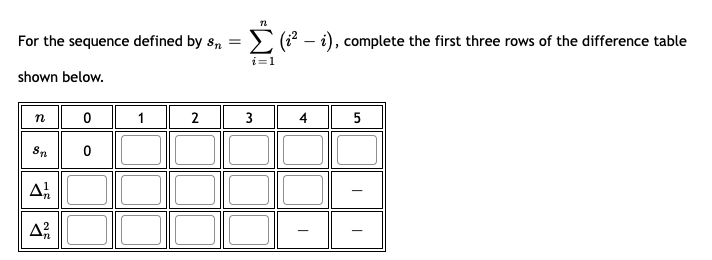 For the sequence defined by s, = >(i² – i), complete the first three rows of the difference table
i=1
shown below.
1
2
3
4
5
