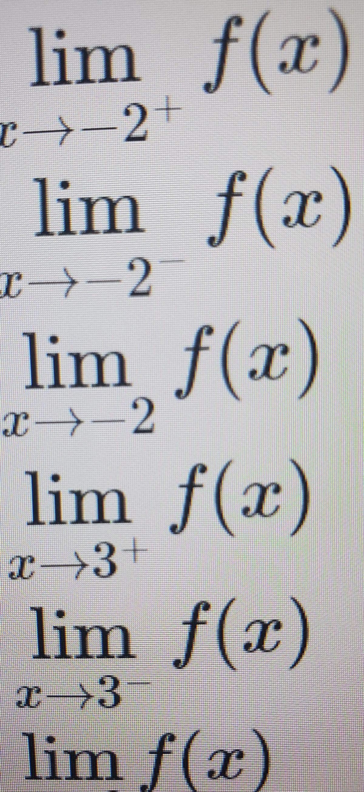 lim f(x)
c→-2+
lim f(x)
2
lim f(x)
x→-2
lim f(x)
x→3+
lim f(x)
x→3-
lim f(x)
