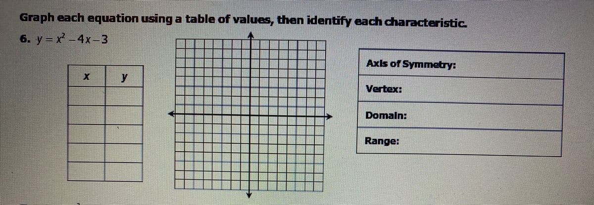 Graph each equation using a table of values, then identify each characteristic.
6. y x-4x-3
Axis of Symmnetry:
y.
Vertex:
Domaln:
Range:
