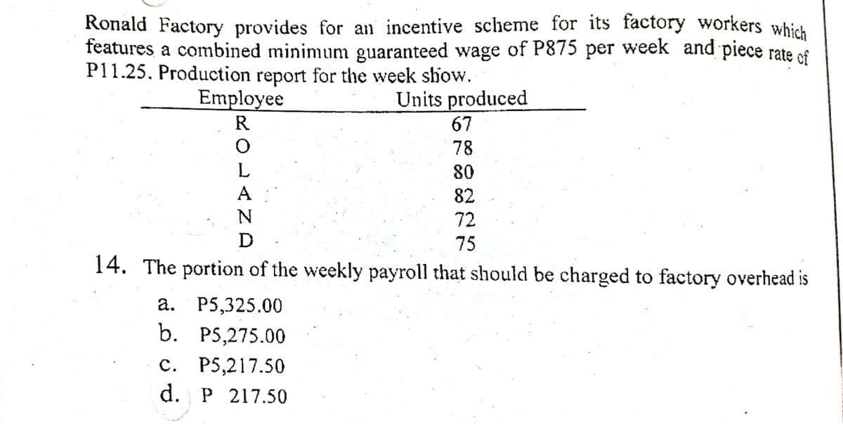 Ronald Factory provides for an incentive scheme for its factory workers which
features a combined minimum guaranteed wage of P875 per week and piece rate of
P11.25. Production report for the week show.
Employee
Units produced
R
67
78
L
80
A
82
72
D
75
14. The portion of the weekly payroll that should be charged to factory overhead is
a. P5,325.00
b.
PS,275.00
с. Р5,217.50
d. P 217.50
