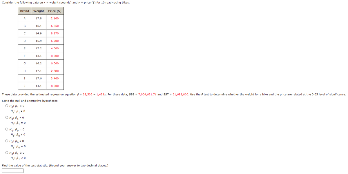 Consider the following data on x = weight (pounds) and y = price ($) for 10 road-racing bikes.
Brand
Weight
Price ($)
A
17.8
2,100
B
16.1
6,350
14.9
8,370
15.9
6,200
17.2
4,000
F
13.1
8,600
G
16.2
6,000
17.1
2,680
I
17.6
3,400
14.1
8,000
These data provided the estimated regression equation ý = 28,506 - 1,433x. For these data, SSE = 7,009,621.71 and SST = 51,682,800. Use the F test to determine whether the weight for a bike and the price are related at the 0.05 level of significance.
State the null and alternative hypotheses.
O Ho: B, = 0
H3: B1 = 0
O Hoi B1# 0
H3: B1 = 0
O Ho: Bo = 0
H: Bo = 0
O Ho: Bo *0
H: Bo = 0
O Ho: B120
H: B, < 0
Find the value of the test statistic. (Round your answer to two decimal places.)
