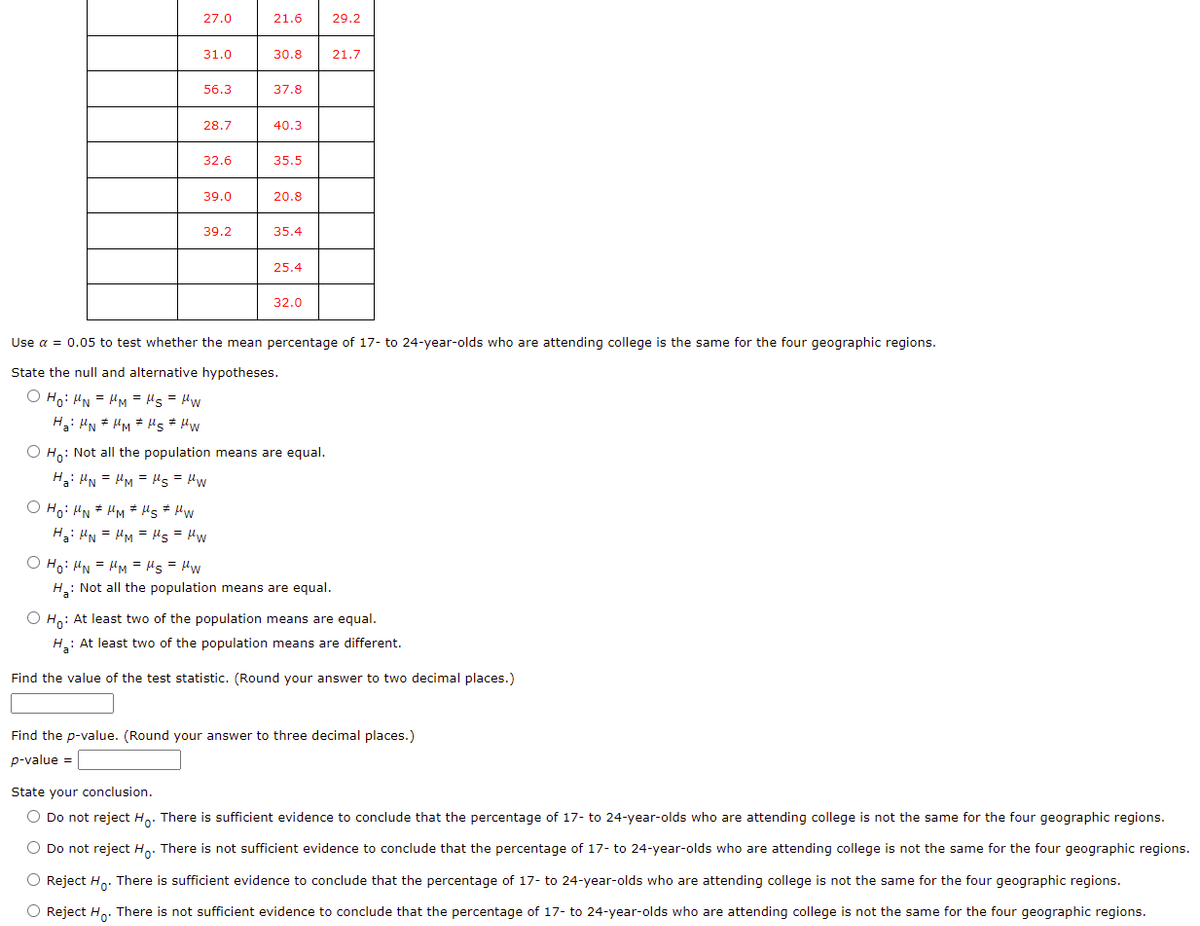 27.0
21.6
29.2
31.0
30.8
21.7
56.3
37.8
28.7
40.3
32.6
35.5
39.0
20.8
39.2
35.4
25.4
32.0
Use a = 0.05 to test whether the mean percentage of 17- to 24-year-olds who are attending college is the same for the four geographic regions.
State the null and alternative hypotheses.
Myt = Sl = WH = N :°H O
Ha: HN * HM * Hs# Hw
O Ho: Not all the population means are equal.
Ha: "N = HM = Hs = Hw
O Ho: HN * HM * Hs# Hw
Myi = Sri = Wi = Ni :°H
O Ho: HN = HM = "s = Hw
H.: Not all the population means are equal.
O Ho: At least two of the population means are equal.
H.: At least two of the population means are different.
Find the value of the test statistic. (Round your answer to two decimal places.)
Find the p-value. (Round your answer to three decimal places.)
p-value =
State your conclusion.
O Do not reject Ho: There is sufficient evidence to conclude that the percentage of 17- to 24-year-olds who are attending college is not the same for the four geographic regions.
O Do not reject Ho: There is not sufficient evidence to conclude that the percentage of 17- to 24-year-olds who are attending college is not the same for the four geographic regions.
O Reject H,. There is sufficient evidence to conclude that the percentage of 17- to 24-year-olds who are attending college is not the same for the four geographic regions.
O Reject Ho. There is not sufficient evidence to conclude that the percentage of 17- to 24-year-olds who are attending college is not the same for the four geographic regions.
