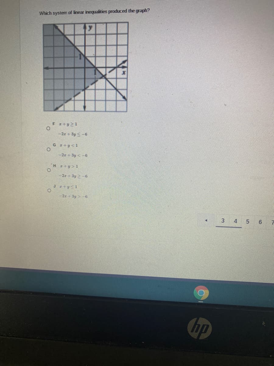 Which system of linear inequalities produced the graph?
Fz+y21
-2x + 3y S-6
G z+y<1
-2x+ 3y <-6
H z+y>1
2x + 3y 2 -6
2r 3y> -6
3
5
6.
hp
