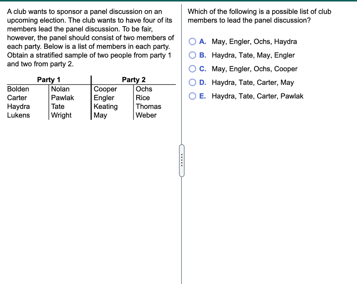 A club wants to sponsor a panel discussion on an
upcoming election. The club wants to have four of its
members lead the panel discussion. To be fair,
however, the panel should consist of two members of
each party. Below is a list of members in each party.
Obtain a stratified sample of two people from party 1
and two from party 2.
Which of the following is a possible list of club
members to lead the panel discussion?
A. May, Engler, Ochs, Haydra
B. Haydra, Tate, May, Engler
C. May, Engler, Ochs, Cooper
Party 1
Nolan
Party 2
Ochs
D. Haydra, Tate, Carter, May
Bolden
Сооper
Engler
Keating
| May
Carter
Pawlak
Rice
E. Haydra, Tate, Carter, Pawlak
Нaydra
Tate
Thomas
Lukens
Wright
Weber
