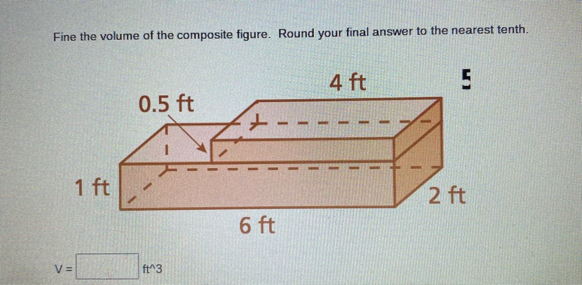 Fine the volume of the composite figure. Round your final answer to the nearest tenth.
4 ft
0.5 ft
と
1 ft
2 ft
6 ft
V =
ft^3
