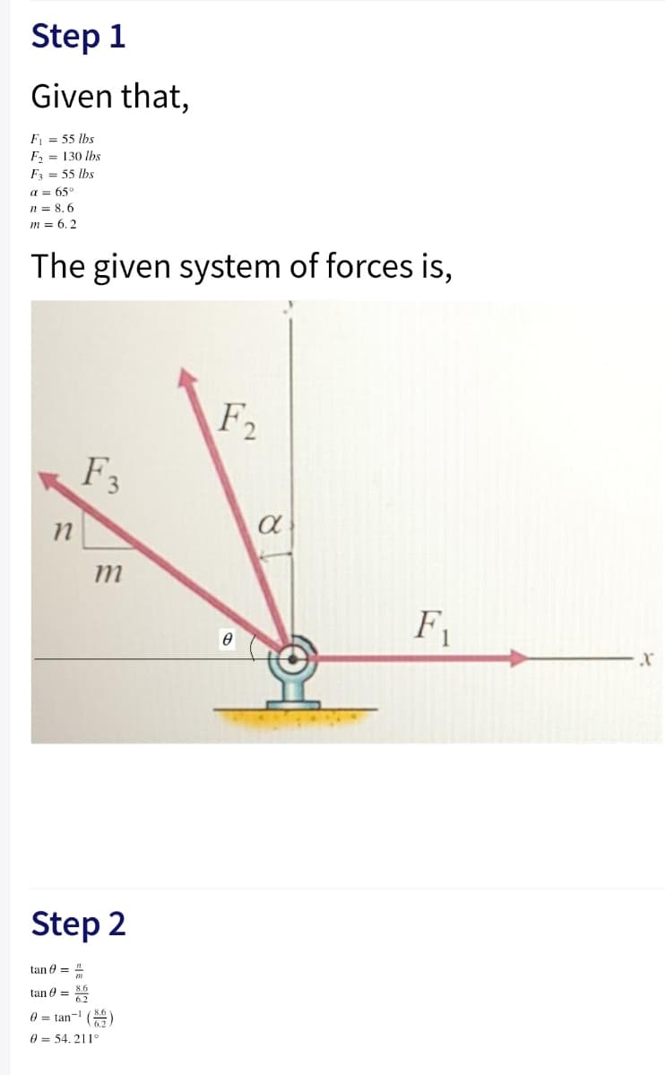 Step 1
Given that,
F, = 55 lbs
F2 = 130 lbs
F = 55 lbs
a = 65°
n = 8.6
m = 6. 2
The given system of forces is,
F2
F3
m
F1
Step 2
tan e = 4
tan 0 = 0
0 = tan- (
0 = 54. 211°
