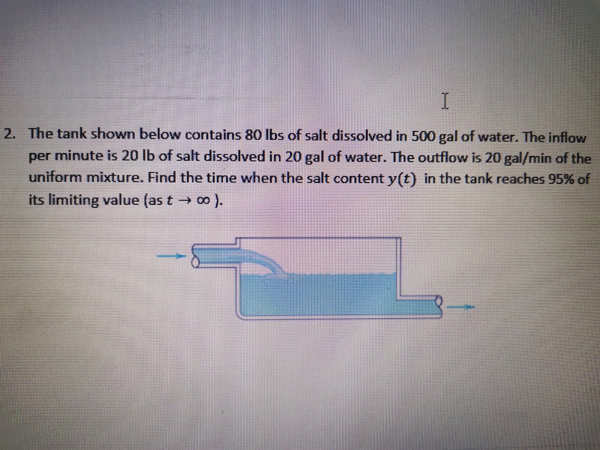 2. The tank shown below contains 80 Ibs of salt dissolved in 500 gal of water. The inflow
per minute is 20 lb of salt dissolved in 20 gal of water. The outflow is 20 gal/min of the
uniform mixture. Find the time when the salt content y(t) in the tank reaches 95% of
its limiting value (as t → 00 ).
