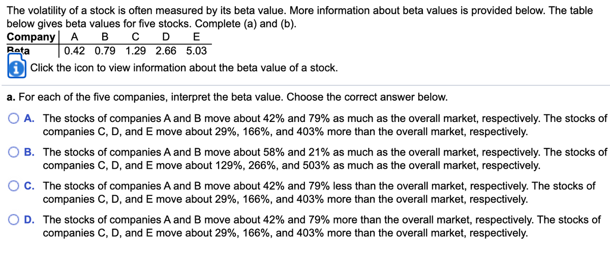 The volatility of a stock is often measured by its beta value. More information about beta values is provided below. The table
below gives beta values for five stocks. Complete (a) and (b).
Company
Reta
А
B
C
E
0.42 0.79 1.29 2.66 5.03
Click the icon to view information about the beta value of a stock.
a. For each of the five companies, interpret the beta value. Choose the correct answer below.
A. The stocks of companies A and B move about 42% and 79% as much as the overall market, respectively. The stocks of
companies C, D, and E move about 29%, 166%, and 403% more than the overall market, respectively.
B. The stocks of companies A and B move about 58% and 21% as much as the overall market, respectively. The stocks of
companies C, D, and E move about 129%, 266%, and 503% as much as the overall market, respectively.
O C. The stocks of companies A and B move about 42% and 79% less than the overall market, respectively. The stocks of
companies C, D, and E move about 29%, 166%, and 403% more than the overall market, respectively.
D. The stocks of companies A and B move about 42% and 79% more than the overall market, respectively. The stocks of
companies C, D, and E move about 29%, 166%, and 403% more than the overall market, respectively.

