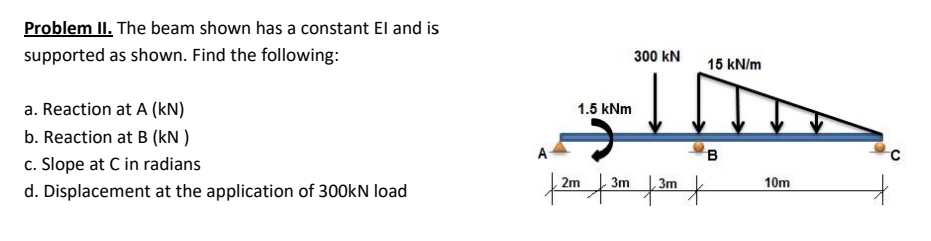 Problem II. The beam shown has a constant El and is
supported as shown. Find the following:
300 kN
15 kN/m
a. Reaction at A (kN)
1.5 kNm
b. Reaction at B (kN )
A
c. Slope at C in radians
2m
3m
3m
10m
d. Displacement at the application of 300kN load
