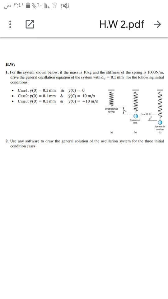 H.W 2.pdf >
H.W:
1. For the system shown below, if the mass is 10kg and the stiffness of the spring is 1000N/m,
drive the general oscillation equation of the system with a, = 0.1 mm for the following initial
conditions:
• Casel: y(0) = 0.1 mm & y(0) = 0
• Case2: y(0) = 0.1 mm & y(0) = 10 m/s
• Case3: y(0) = 0.1 mm & y(0) = -10 m/s
LUnstretched
spring
System at
rest
System in
motion
2. Use any software to draw the general solution of the oscillation system for the three initial
condition cases
Iwwww.ojl.
www.pi

