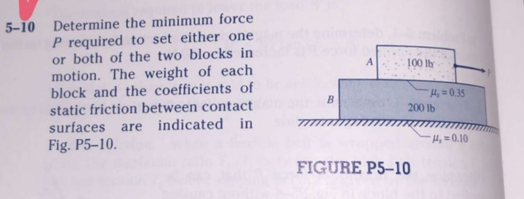5-10 Determine the minimum force
P required to set either one
or both of the two blocks in
motion. The weight of each
block and the coefficients of
100 lb
Ho=0,35
static friction between contact
indicated in
200 lb
surfaces
are
H,= 0.10
Fig. P5-10.
FIGURE P5-10
