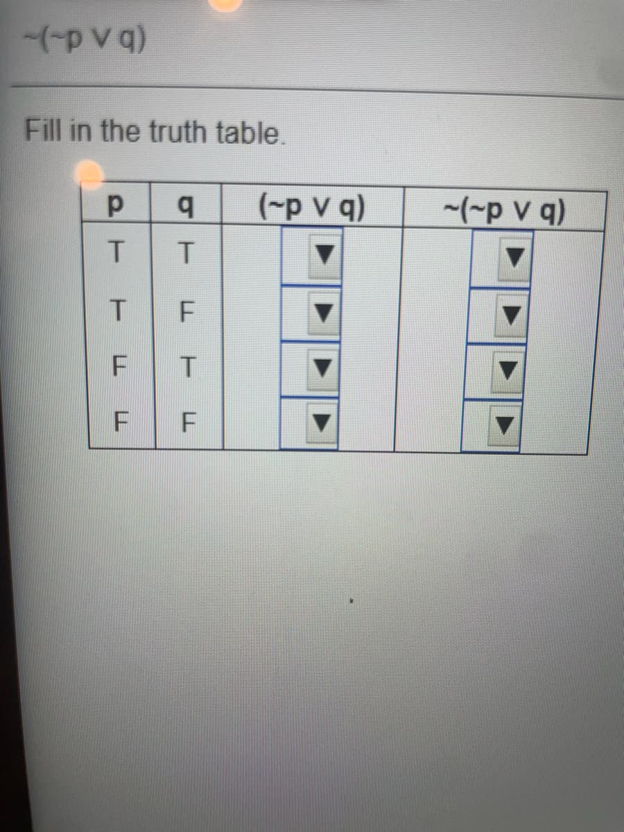 Fill in the truth table.
(-p v q)
~/~p v q)
T
