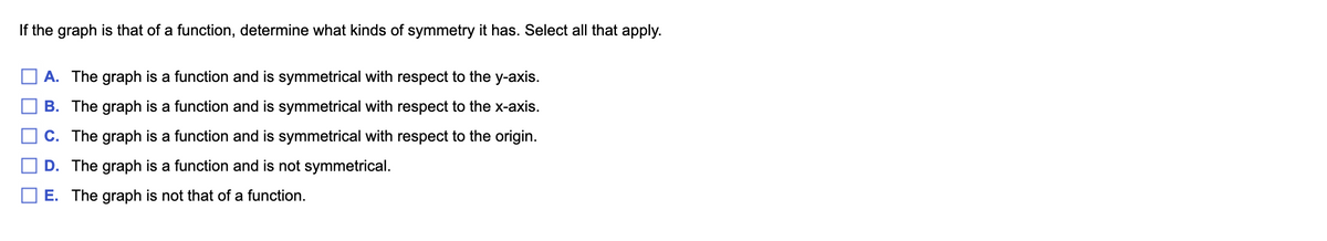 If the graph is that of a function, determine what kinds of symmetry it has. Select all that apply.
A. The graph is a function and is symmetrical with respect to the y-axis.
B. The graph is a function and is symmetrical with respect to the x-axis.
C. The graph is a function and is symmetrical with respect to the origin.
D. The graph is a function and is not symmetrical.
E. The graph is not that of a function.
