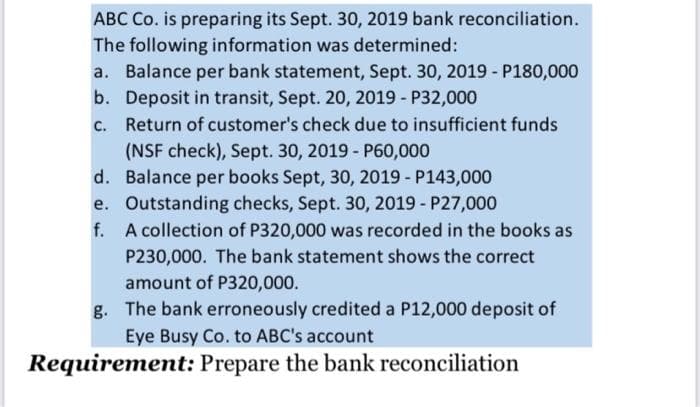 ABC Co. is preparing its Sept. 30, 2019 bank reconciliation.
The following information was determined:
a. Balance per bank statement, Sept. 30, 2019 - P180,000
Deposit in transit, Sept. 20, 2019 - P32,000
b.
C.
Return of customer's check due to insufficient funds
(NSF check), Sept. 30, 2019 - P60,000
d. Balance per books Sept, 30, 2019 - P143,000
e. Outstanding checks, Sept. 30, 2019 - P27,000
f.
A collection of P320,000 was recorded in the books as
P230,000. The bank statement shows the correct
amount of P320,000.
g. The bank erroneously credited a P12,000 deposit of
Eye Busy Co. to ABC's account
Requirement: Prepare the bank reconciliation