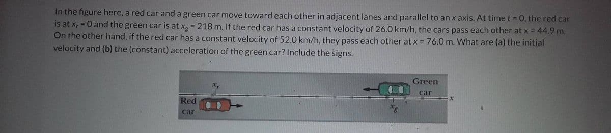 In the figure here, a red car and a green car move toward each other in adjacent lanes and parallel to an x axis. At time t = 0, the red car
is at x, = 0 and the green car is at x, = 218 m. If the red car has a constant velocity of 26.0 km/h, the cars pass each other at x = 44.9 m.
On the other hand, if the red car has a constant velocity of 52.0 km/h, they pass each other at x = 76.0 m. What are (a) the initial
velocity and (b) the (constant) acceleration of the green car? Include the signs.
%3D
Green
car
Red
car
