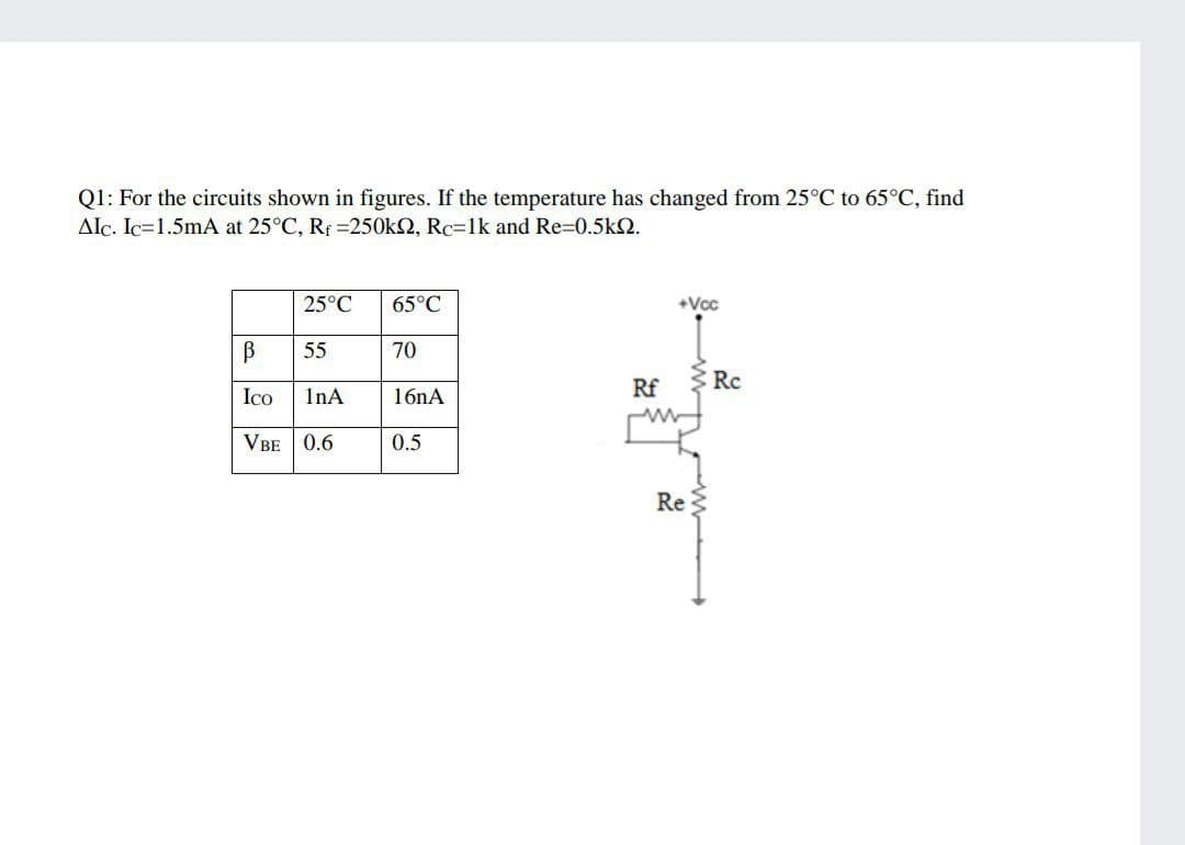 Q1: For the circuits shown in figures. If the temperature has changed from 25°C to 65°C, find
Alc. Ic=1.5mA at 25°C, Rf 250k2, Rc=1k and Re-0.5k2.
25°C
65°C
+Vcc
55
70
Rf
Rc
Ico
InA
16nA
VBE
0.6
0.5
Re
