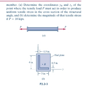 member. (a) Determine the coordinates yg and z, of the
point where the tensile load P must act in order to produce
uniform tensile stress in the cross section of the structural
angle, and (b) determine the magnitude of that tensile stress
if P - 18 kips.
(a)
1.5 in.
-End plate
4 in.
0.5 in.
R
-3 in-
(b)
P2.2-3
