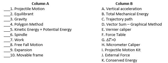 Column A
Column B
1. Projectile Motion
_2. Equilibrant
3. Gravity
_4. Polygon Method
5. Kinetic Energy + Potential Energy
_6. Spindle
7. Work
8. Free Fall Motion
9. Expansion
A. Vertical acceleration
B. Total Mechanical Energy
C. Trajectory path
D. Vector Sum - Graphical Method
E. Vernier caliper
F. Force Table
G. AT>0
H. Micrometer Caliper
I. Projectile Motion Kit
J. External Force
K. Conserved Energy
10. Movable frame
