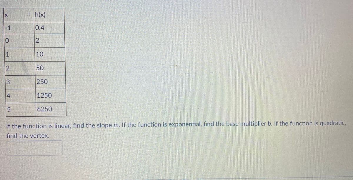 IX
h(x)
-1
0.4
0.
1
10
50
3.
250
4
1250
15
6250
If the function is linear, find the slope m. If the function is exponential, find the base multiplier b. If the function is quadratic,
find the vertex.
2.
2.
