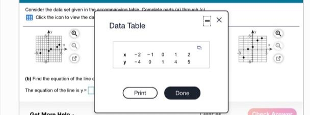 Consider the data set given in theaccomoanuinatable Complete narts fal throuahie
O Click the icon to view the da
Data Table
-2
-1
2
0 1 4 5
(b) Find the equation of the line d
The equation of the line is y O
Print
Done
Get More Heln
Check Answ
