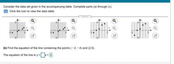 Consider the data set given in the accompanying table. Complete parts (a) through (c).
H Click the icon to view the data table.
: 事
(b) Find the equation of the line containing the points (-2, -4) and (2,5).
The equation of the line is y -•2.
