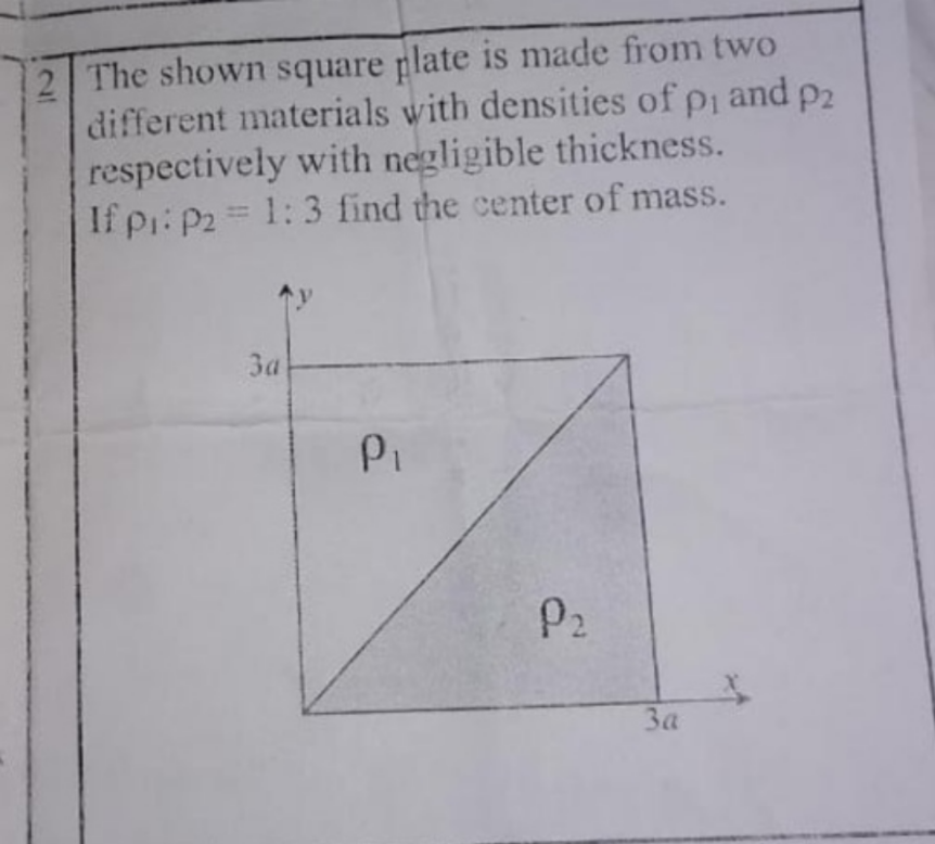 2 The shown square plate is made from two
different materials with densities of pi and p2
respectively with negligible thickness.
If pi: P2 = 1:3 find the center of mass.
За
Pi
За
2.
