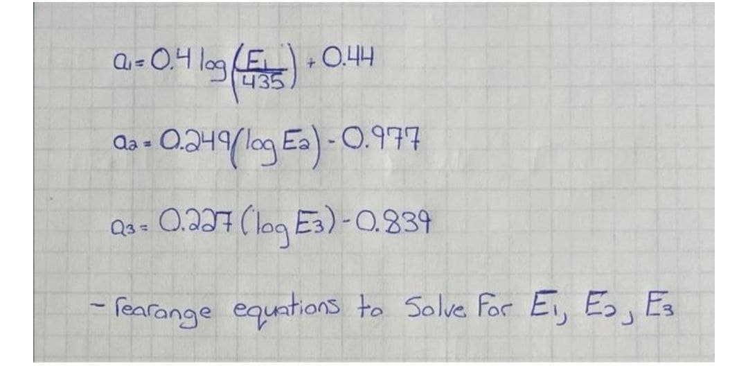 Q= 0.4 log E + 0.44
435
Qa - 0.249/log Ea) - O.977
Qs= 0.237 (log Es)-0.839
rearange equations to Solve For Ei, E, Es
