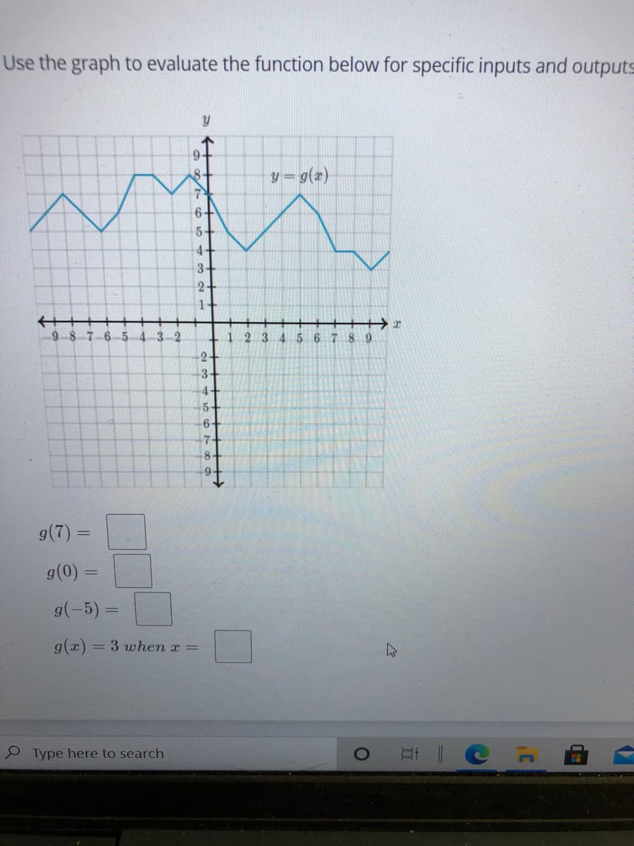 Use the graph to evaluate the function below for specific inputs and outputs
9-
y = g(x)
8.
6+
5+
4+
3+
1-
9-8-7-6-5
3-2
1234 5 6 7 89
-2-
3.
4+
5-
6-
7-
8+
g(7):
g(0) =
g(-5) =
= 3 when x =
P Type here to search
