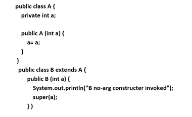 public class A {
private int a;
public A (int a) {
a= a;
}
}
public class B extends A{
public B (int a) {
System.out.printin("B no-arg constructer invoked");
super(a);
}}
