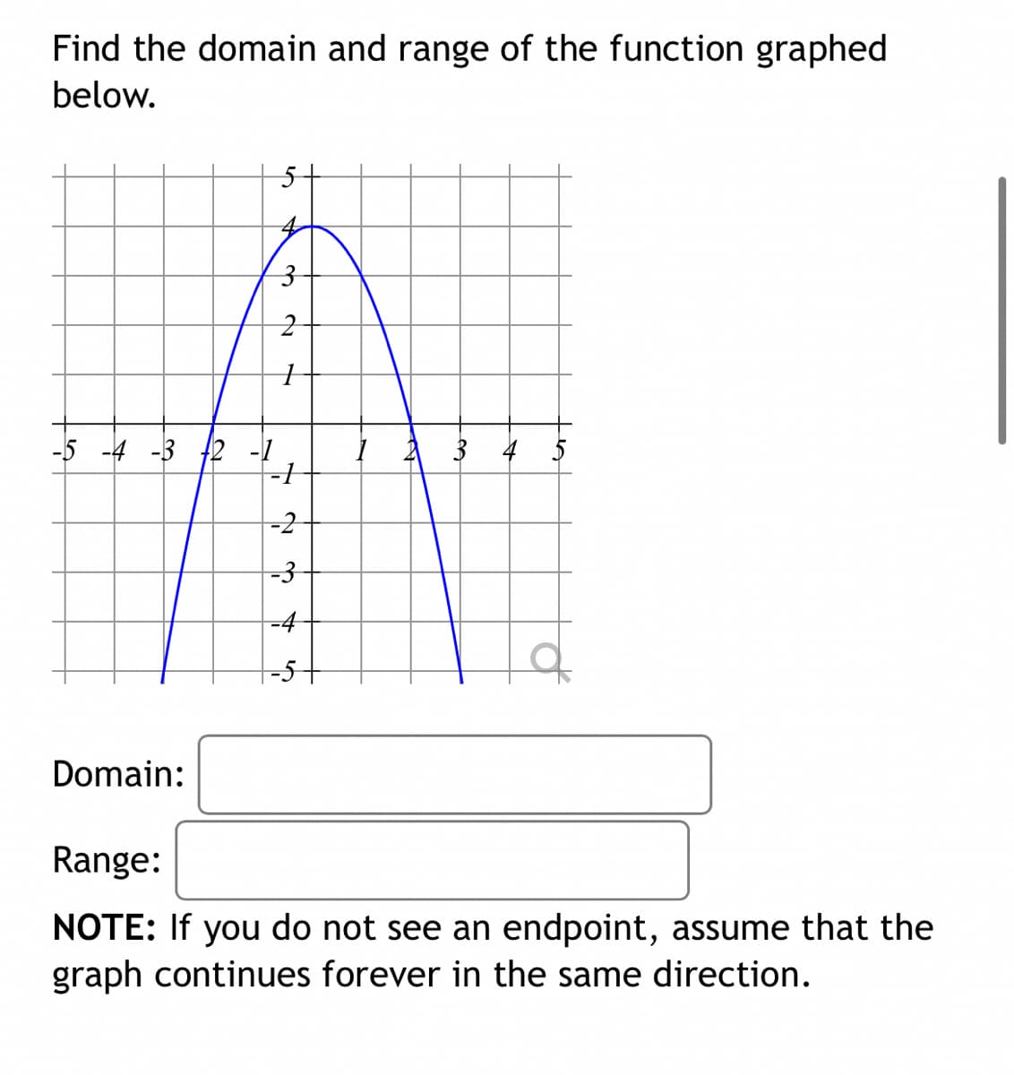 Find the domain and range of the function graphed
below.
-5 -4 -3
3 4
-3
-4
Domain:
Range:
NOTE: If you do not see an endpoint, assume that the
graph continues forever in the same direction.
