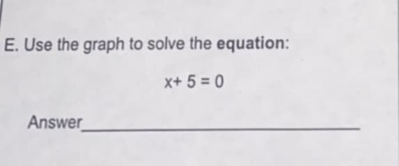 E. Use the graph to solve the equation:
x+ 5 = 0
Answer
