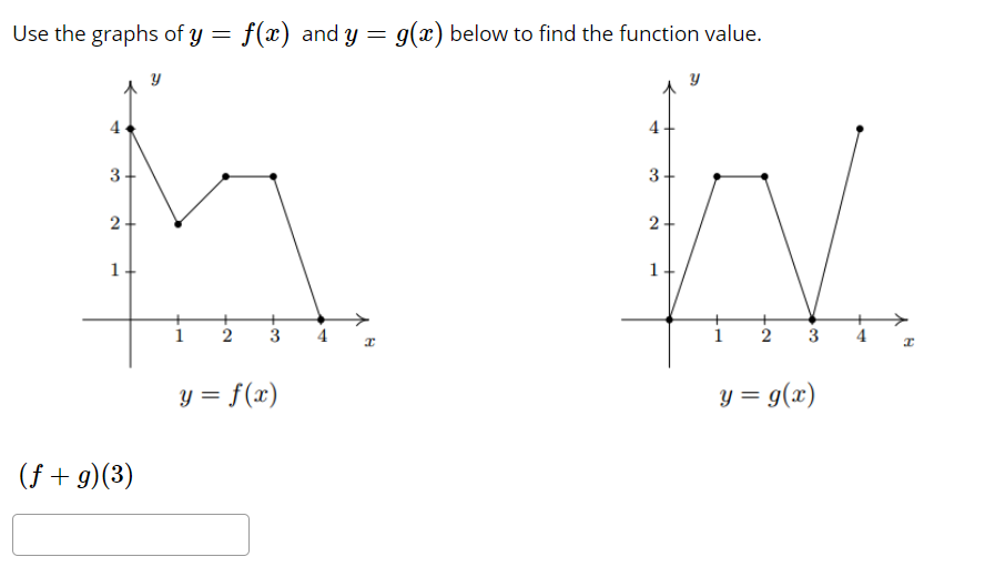 Use the graphs of y = f(x) and y = g(x) below to find the function value.
4
4
1.
1
1
3
4
1
4
y = f(x)
y = g(x)
(f + g)(3)
2.
3.
2.
3.
