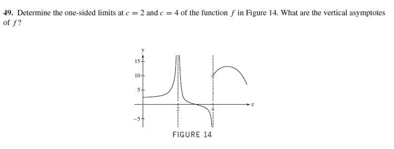 4 of the function
f in Figure 14. What are the vertical asymptotes
49. Determine the one-sided limits at c = 2 and c =
of f?
154
10+
5+
FIGURE 14
