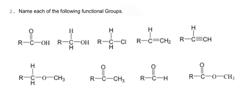 2. Name each of the following functional Groups.
H
CI
ROON RE-OH REC RECH₂ R-C=CH
OH
R-8-CH₂
H
R-C-0 -CH3
H
-H
-0-CH₂