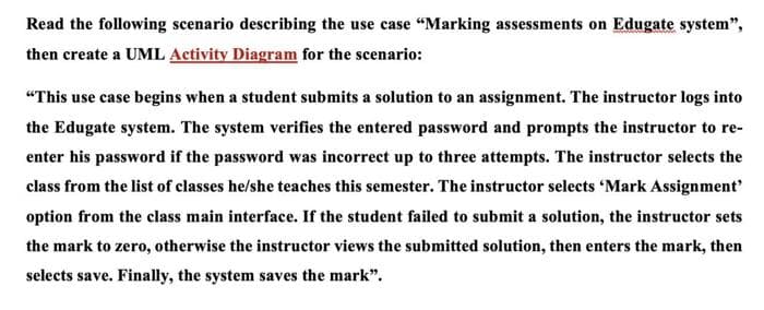 Read the following scenario describing the use case "Marking assessments on Edugate system",
then create a UML Activity Diagram for the scenario:
"This use case begins when a student submits a solution to an assignment. The instructor logs into
the Edugate system. The system verifies the entered password and prompts the instructor to re-
enter his password if the password was incorrect up to three attempts. The instructor selects the
class from the list of classes he/she teaches this semester. The instructor selects Mark Assignment
option from the class main interface. If the student failed to submit a solution, the instructor sets
the mark to zero, otherwise the instructor views the submitted solution, then enters the mark, then
selects save. Finally, the system saves the mark".
