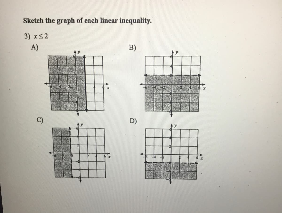 Sketch the graph of each linear inequality.
3) xS2
A)
B)
D)
