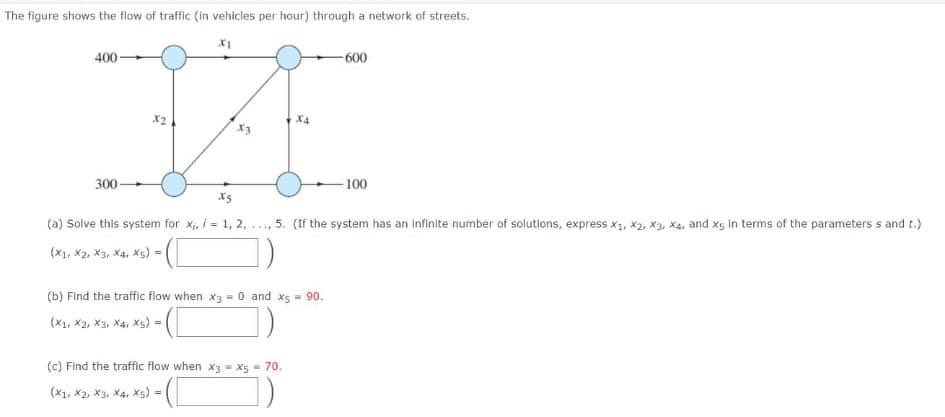 The figure shows the flow of traffic (in vehicles per hour) through a network of streets.
400-
600
X2
X4
300-
-100
(a) Solve this system for x, i = 1, 2,
..., 5. (If the system has an infinite number of solutlons, express x1, X2, X3, Xa, and xg in terms of the parameters s and t.)
(X1, X2, X3, Xạ, Xg) =
(b) Find the traffic flow when x3 0 and x5 = 90.
(X1, X2, X3, X4, Xs) =
(c) Find the traffic flow when x3 = X5 = 70.
(x1, X2, X3, X4, xs) -
