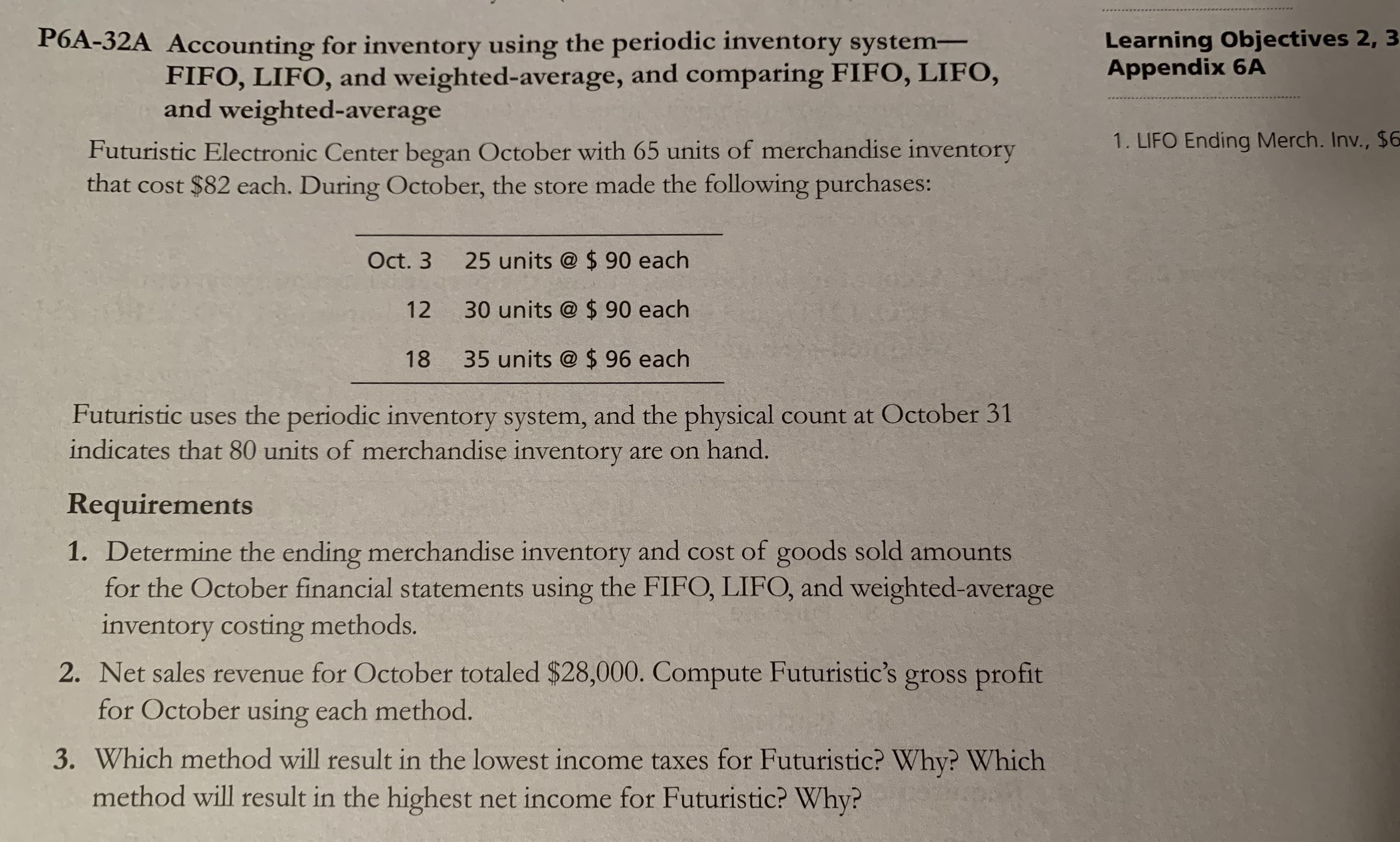 Learning Objectives 2, 3
Appendix 6A
P6A-32A Accounting for inventory using the periodic inventory system
FIFO, LIFO, and weighted-average, and comparing FIFO, LIFO,
and weighted-average
1. LIFO Ending Merch. Inv., $6
Futuristic Electronic Center began October with 65 units of merchandise inventory
that cost $82 each. During October, the store made the following purchases:
25 units @ $ 90 each
Oct. 3
30 units @ $ 90 each
12
35 units @ $ 96 each
18
Futuristic uses the periodic inventory system, and the physical count at October 31
indicates that 80 units of merchandise inventory are on hand.
Requirements
1. Determine the ending merchandise inventory and cost of goods sold amounts
for the October financial statements using the FIFO, LIFO, and weighted-average
inventory costing methods.
2. Net sales revenue for October totaled $28,000. Compute Futuristic's gross profit
for October using each method.
3. Which method will result in the lowest income taxes for Futuristic? Why? Which
method will result in the highest net income for Futuristic? Why?
