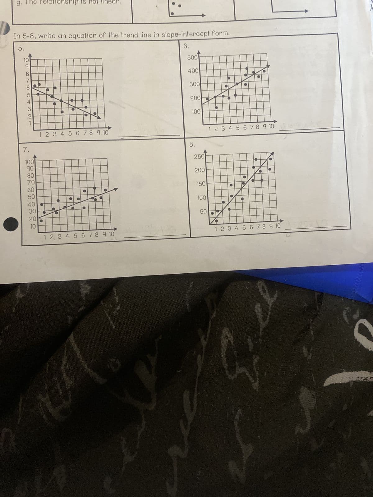 g. The relationship
In 5-8, write an equation of the trend line in slope-intercept form.
5.
6.
10
9
8
432AGNO
7
6
7.
100
90
80
70
60
50
40
30
20
10
10
●
1 2 3 4 5 6 7 8 9 10
●
C
1 2 3 4 5 6 7 8 9 10
29/340
500
400
300
200
100
8.
250
200
150
100
50
1 2 3 4 5 6 7 8 9 10
C
●
●
O
●
1 2 3 4 5 6 7 8 9 10
3
CR