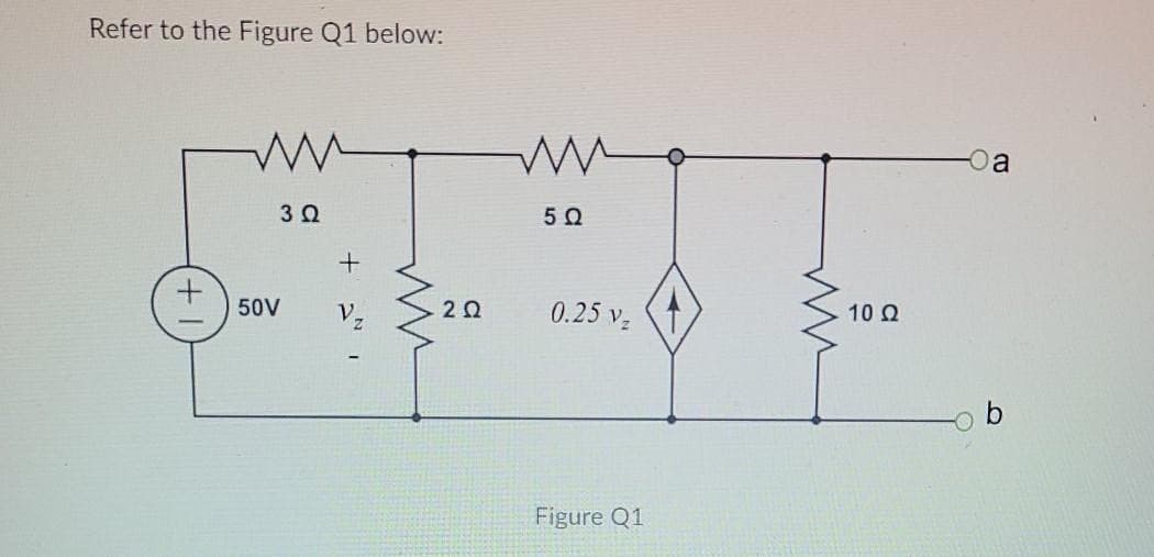 Refer to the Figure Q1 below:
a
3Ω
5 0
50V
20
0.25 v
10 Q
Figure Q1
